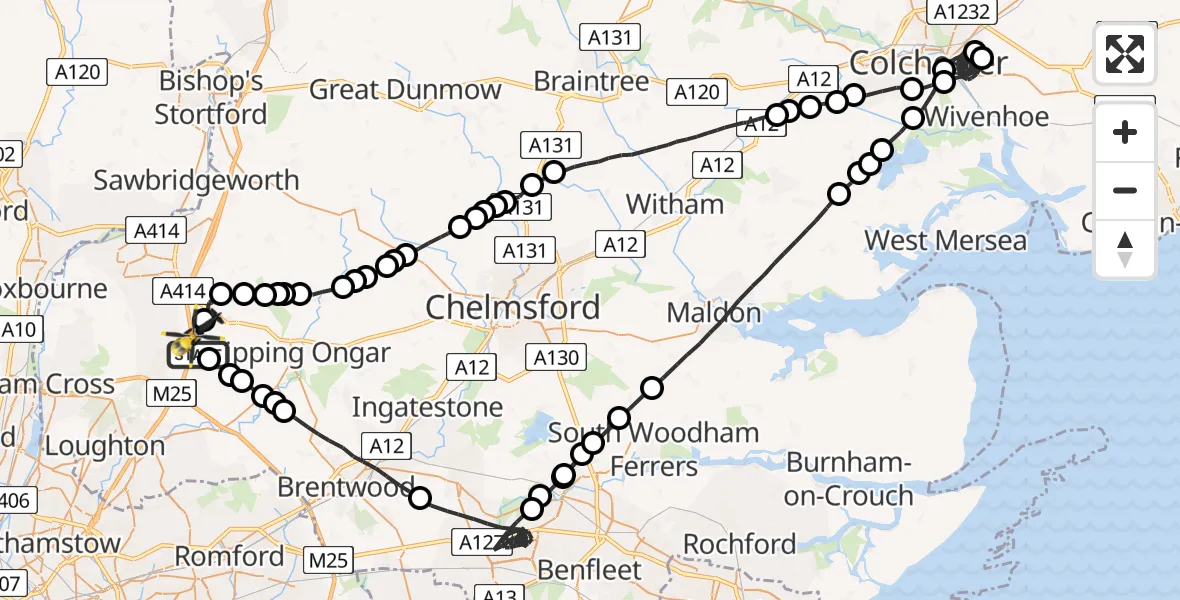 Flight path map showing Police Helicopter route from Coopersale to North Weald Airfield