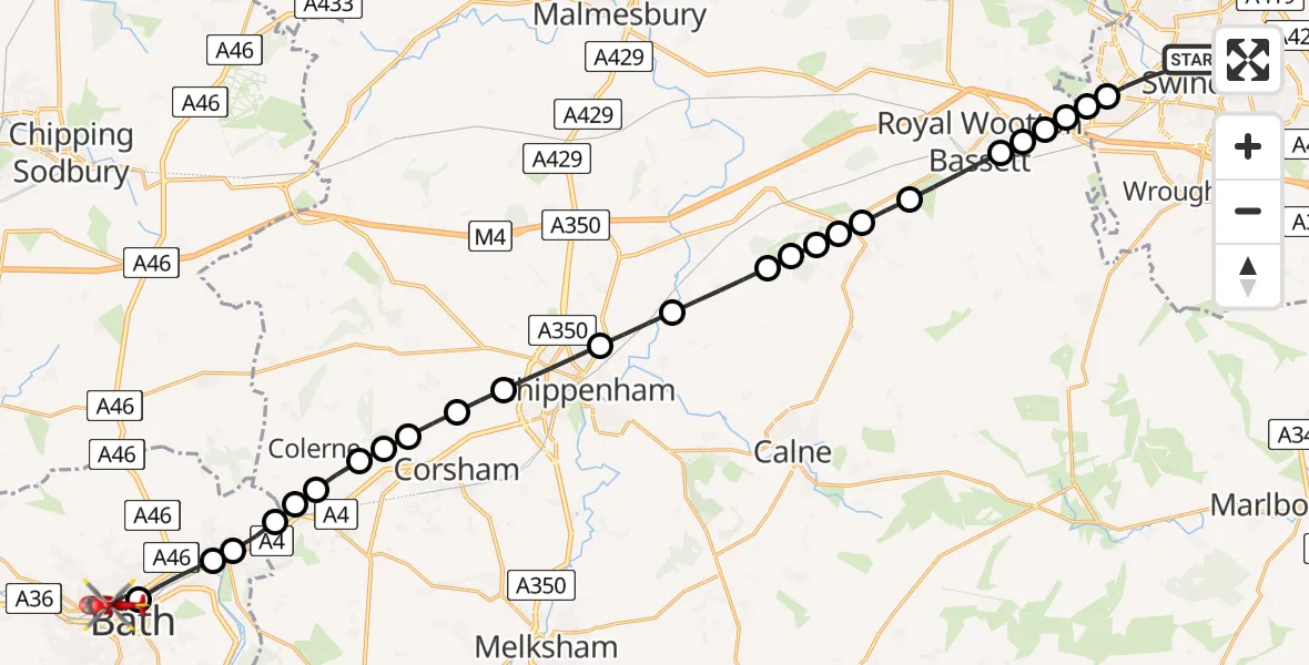 Flight path map showing Air Ambulance Helicopter route from Swindon to Bath