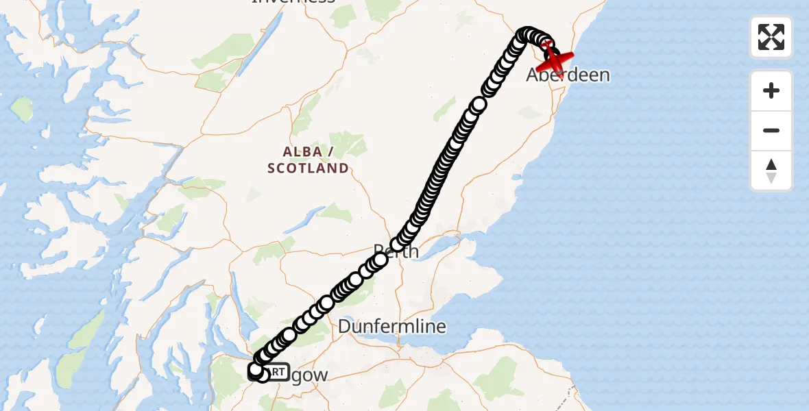 Flight path map showing Air Ambulance Aircraft route from Glasgow Airport to Aberdeen International Airport