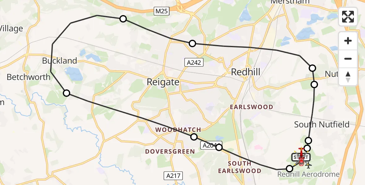 Flight path map showing Air Ambulance Helicopter route from Redhill Aerodrome to Redhill Aerodrome
