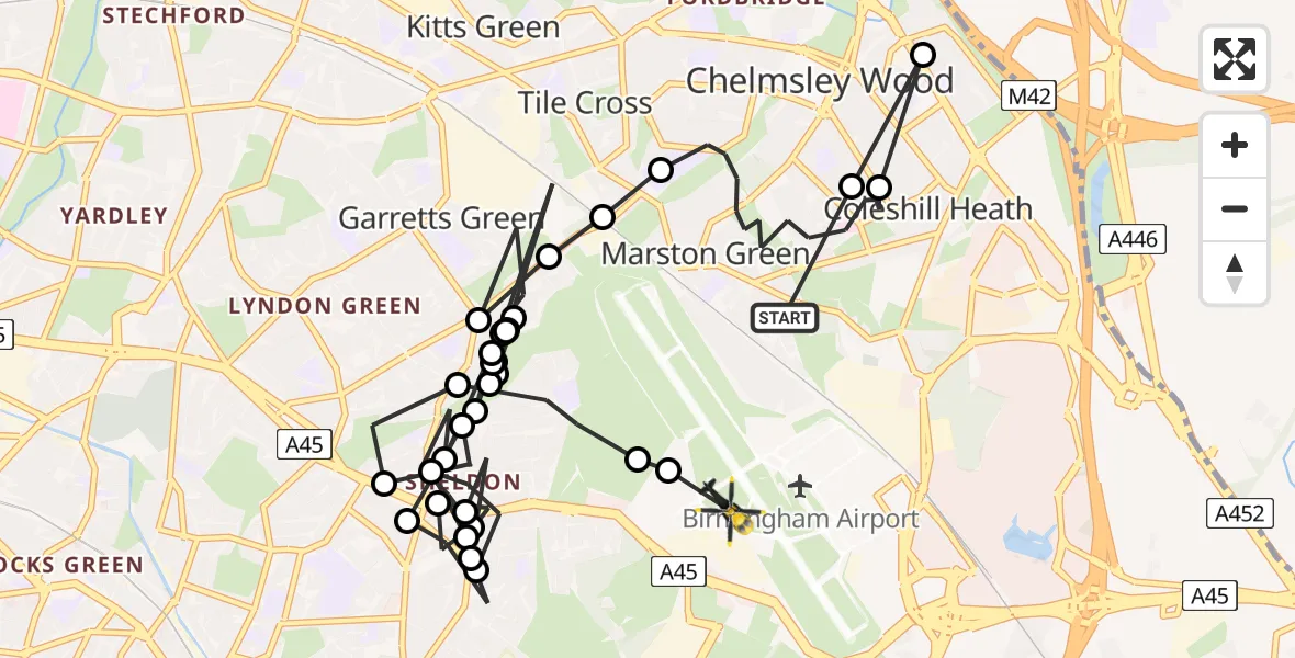 Flight path map showing Police Helicopter route from Solihull to Birmingham Airport