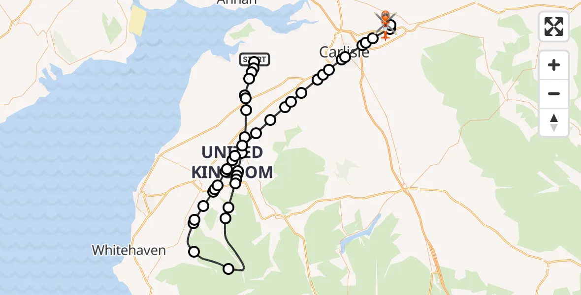 Flight path map showing Coastguard Helicopter route from Kirkbride Airfield to Carlisle Lake District Airport
