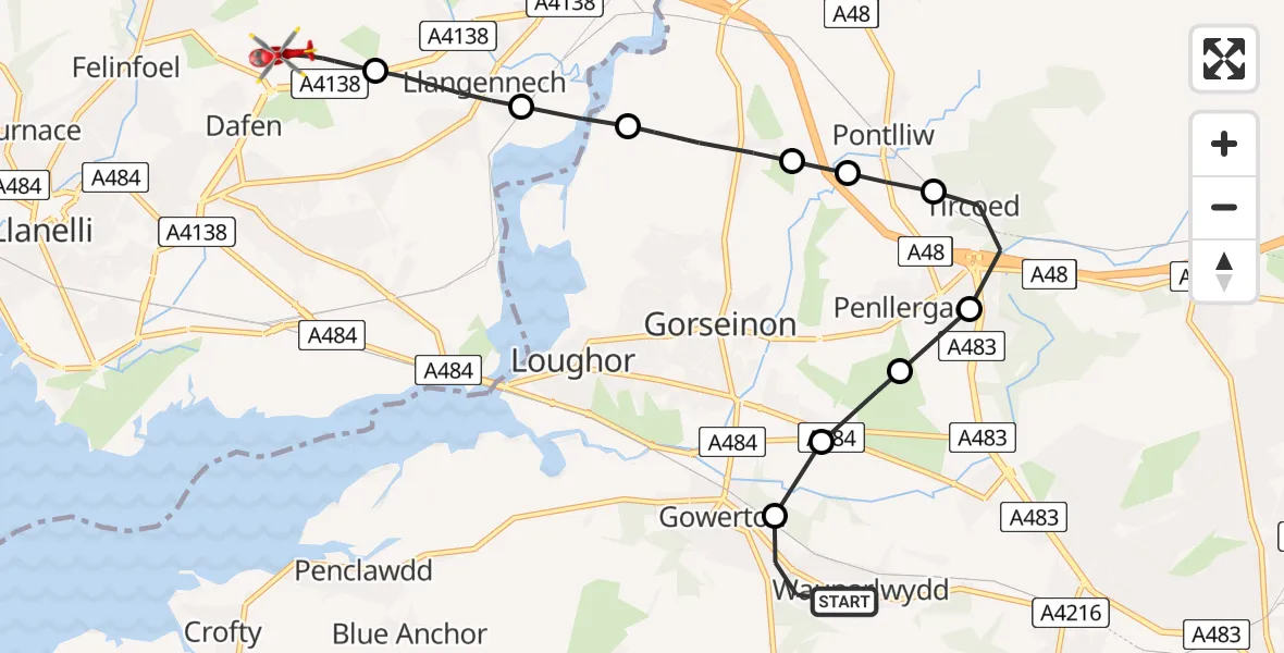 Routekaart van de vlucht: Air Ambulance Helicopter to Dafen, Heol Aur