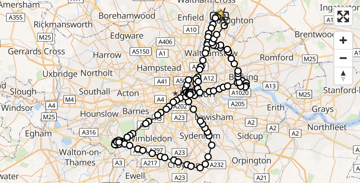 Flight path map showing Police Helicopter route from Sewardstonebury to Metropolitan Police Air Support Unit Lippitts Hill