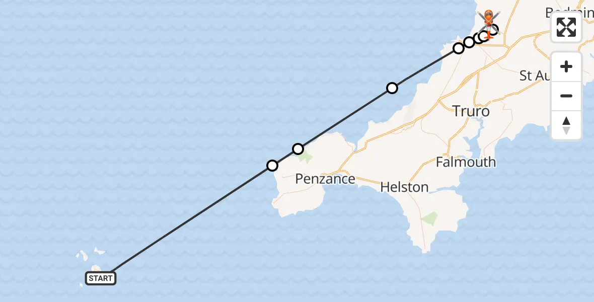 Flight path map showing Coastguard Helicopter route from North Atlantic Ocean to Cornwall Airport Newquay