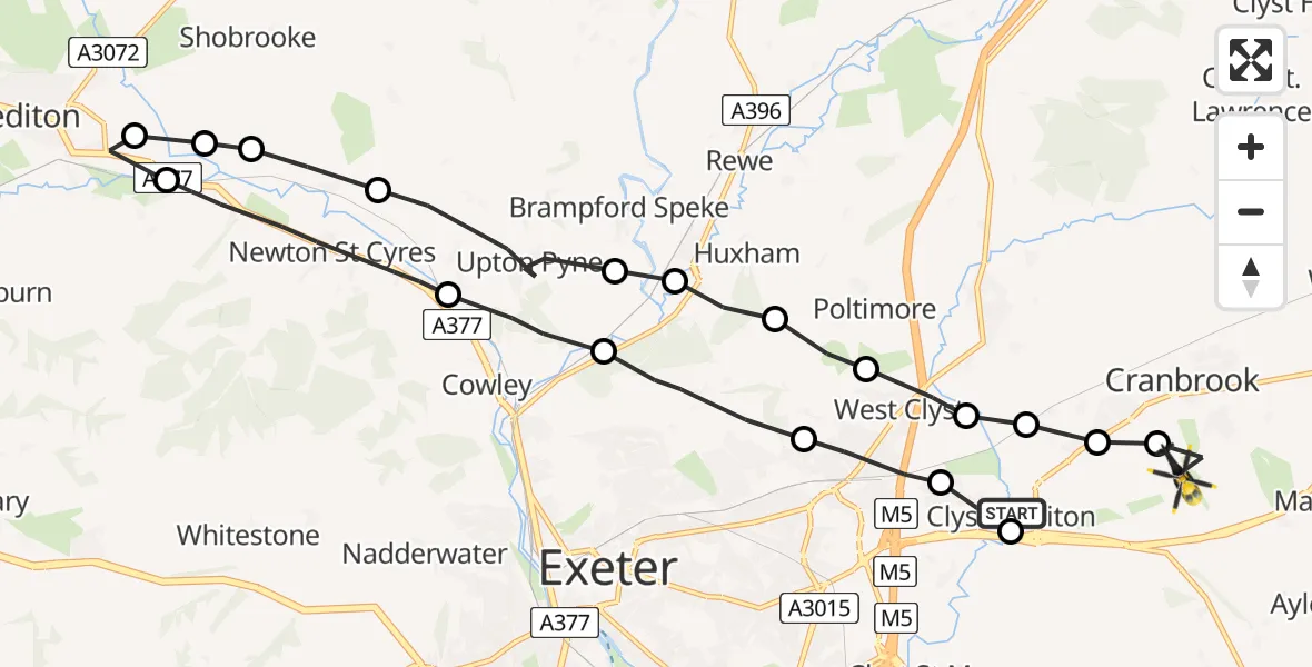 Flight path map showing Police Helicopter route from Clyst Honiton to Rockbeare