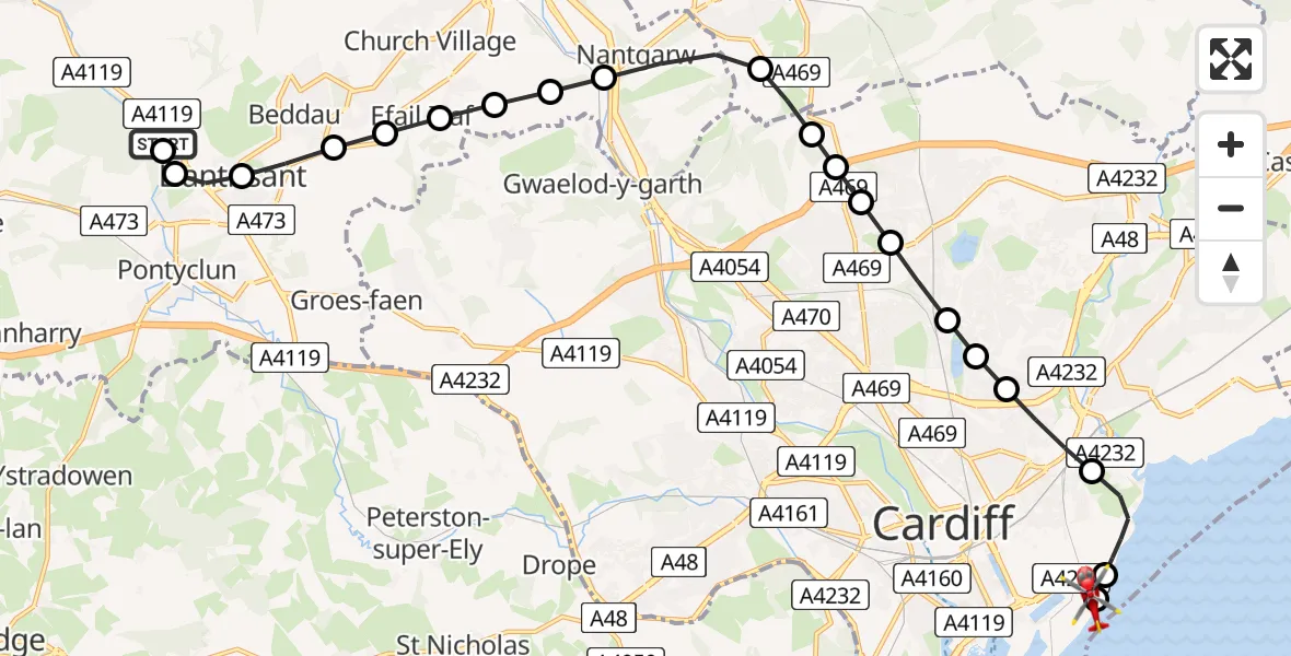 Flight path map showing Air Ambulance Helicopter route from Royal Glamorgan Hospital Heliport to Cardiff Heliport