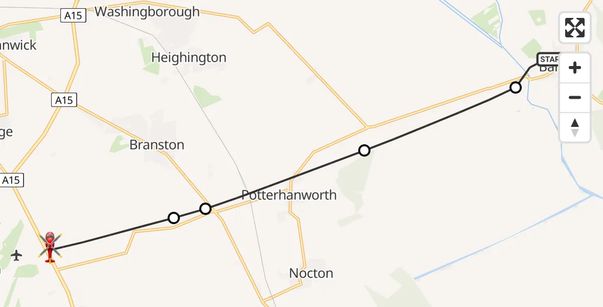 Flight path map showing Air Ambulance Helicopter route from Bardney CP to North Kesteven