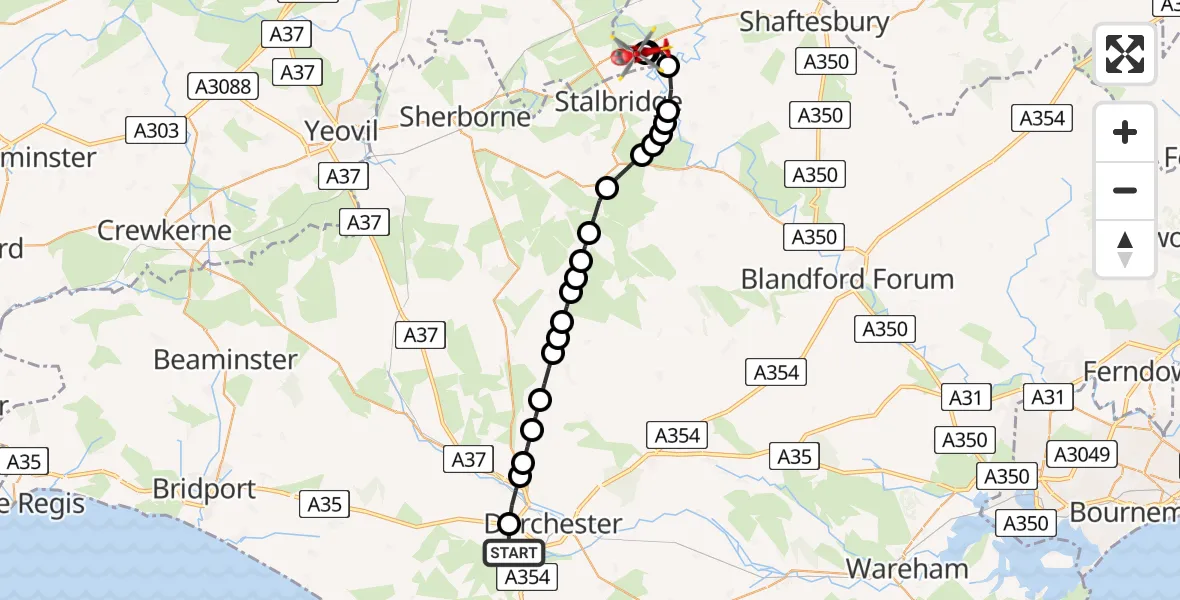 Routekaart van de vlucht: Air Ambulance Helicopter to Henstridge Airfield