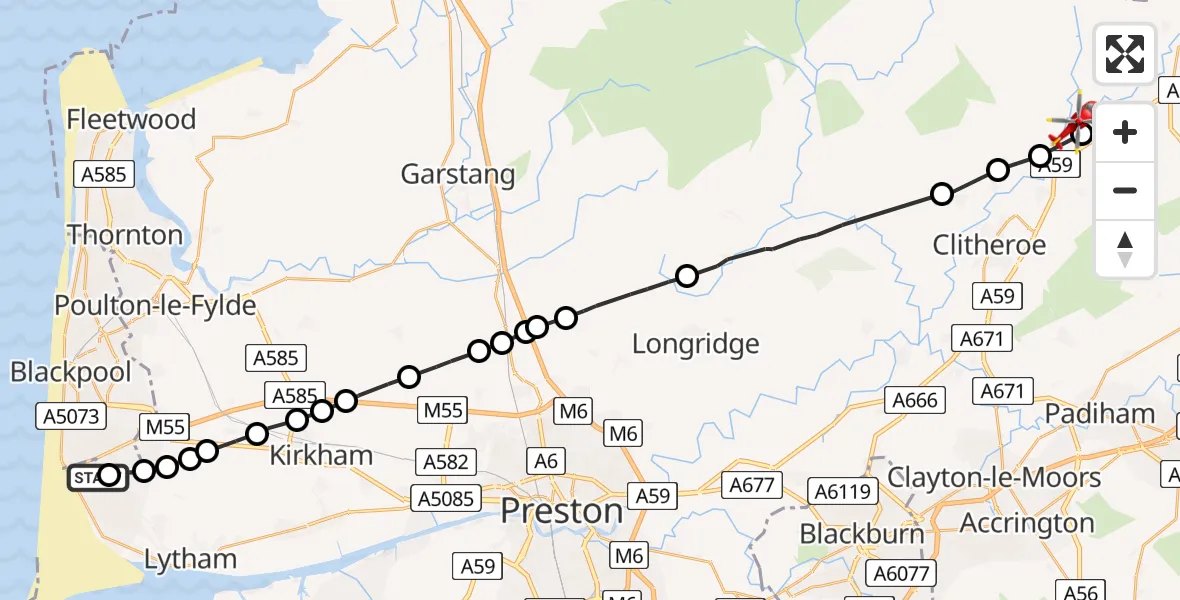 Flight path map showing Air Ambulance Helicopter route from Blackpool Airport to Sawley