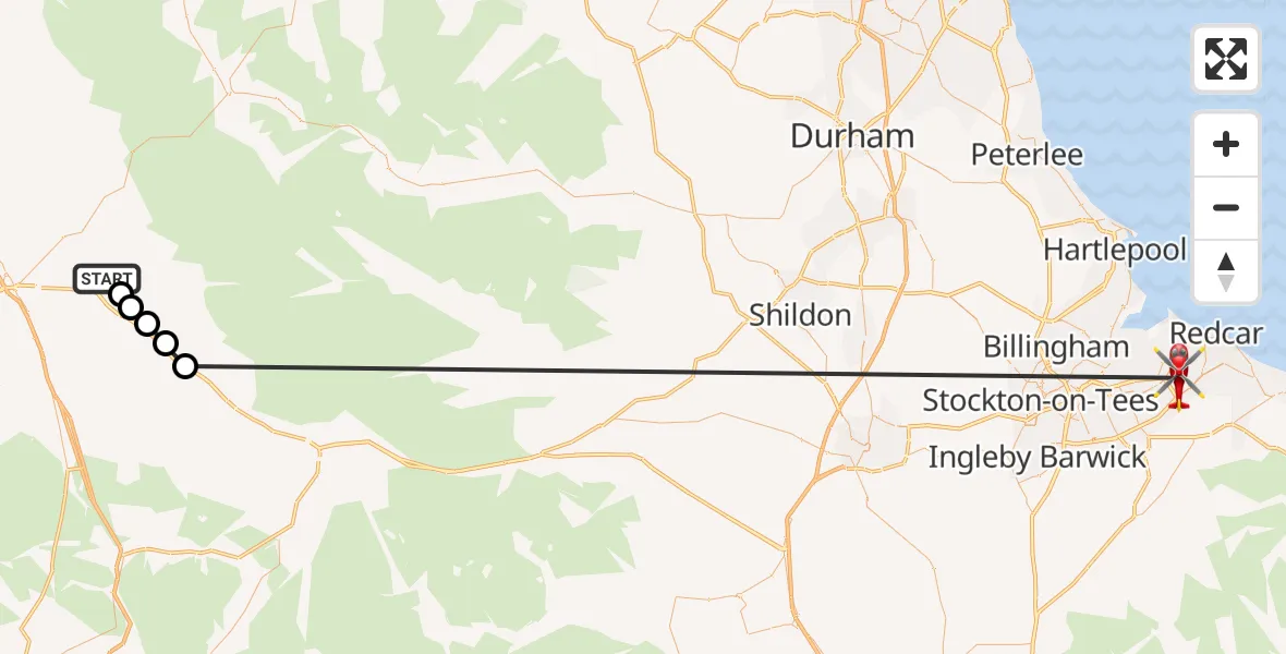 Flight path map showing Air Ambulance Helicopter route from Culgaith to Redcar and Cleveland