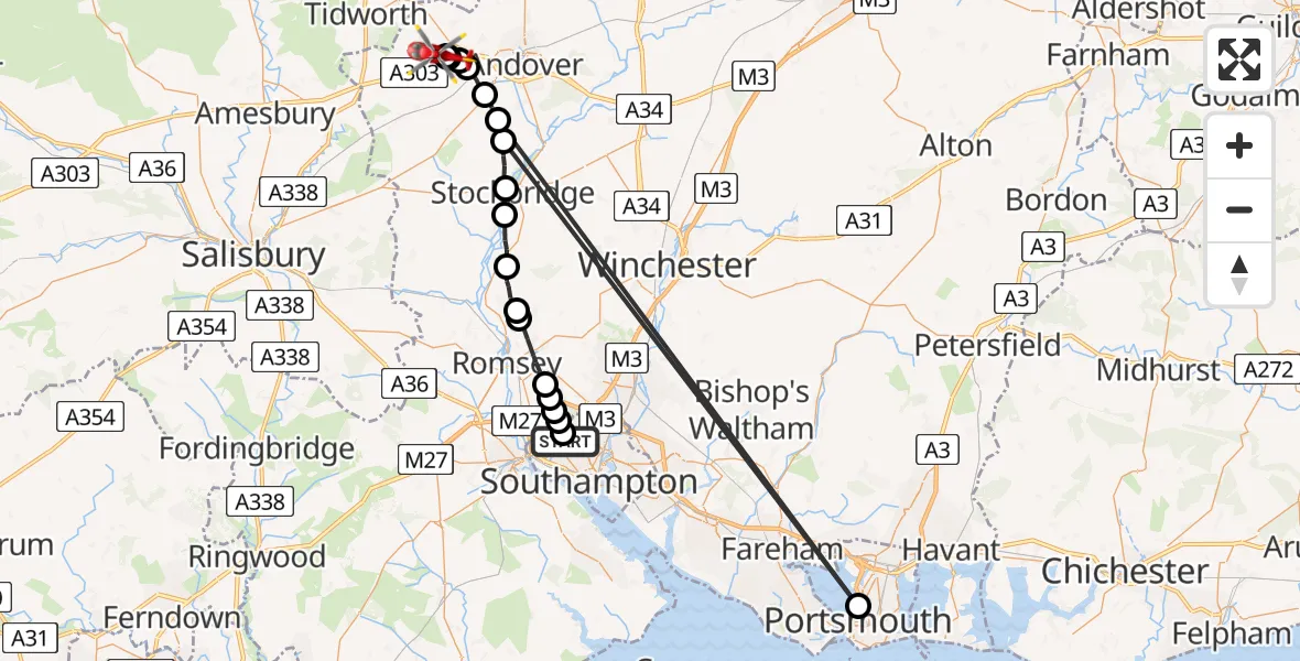 Flight path map showing Air Ambulance Helicopter route from University Hospital Southampton to Fyfield