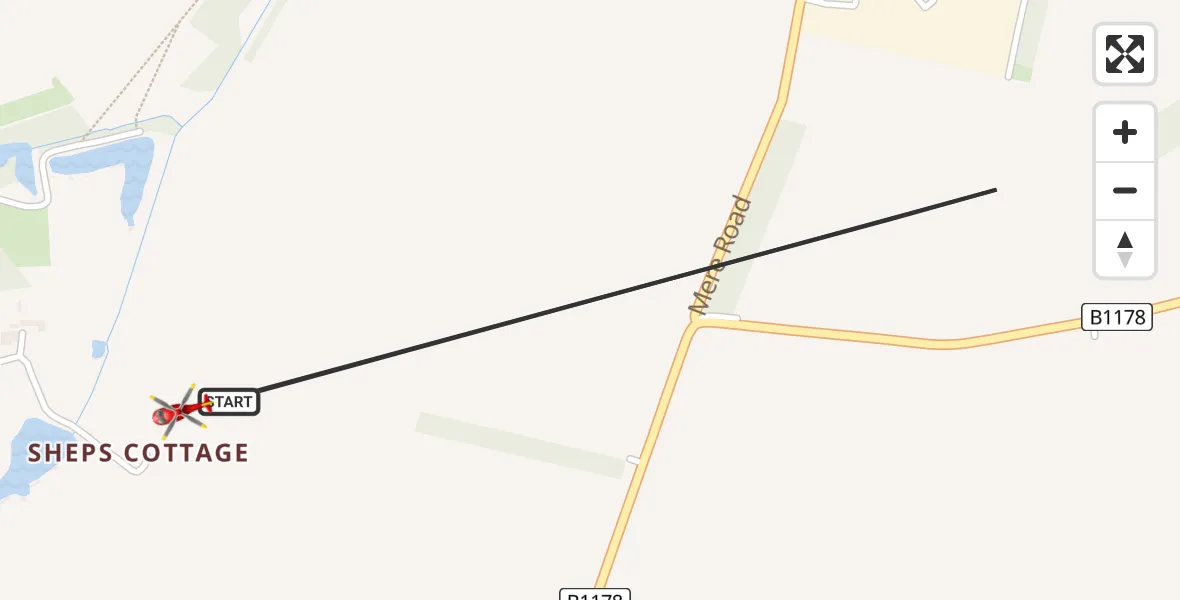 Flight path map showing Air Ambulance Helicopter route from North Kesteven to North Kesteven