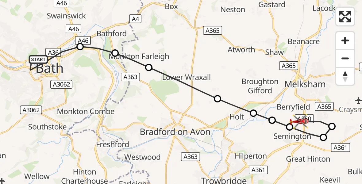 Flight path map showing Air Ambulance Helicopter route from Bath to Melksham