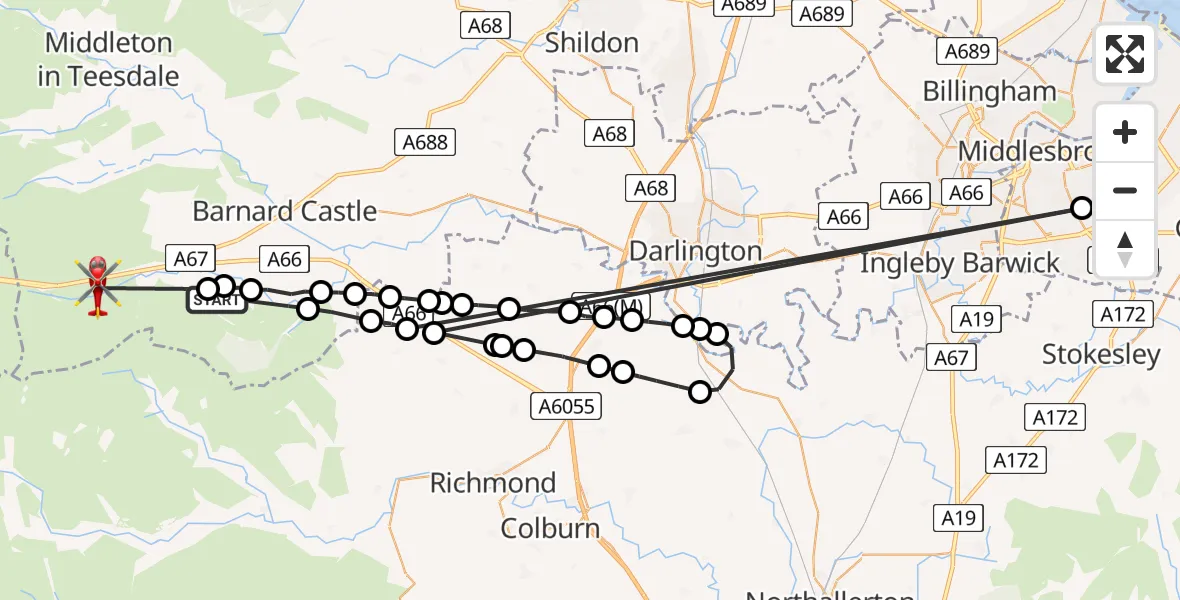 Flight path map showing Air Ambulance Helicopter route from Scargill to Bowes