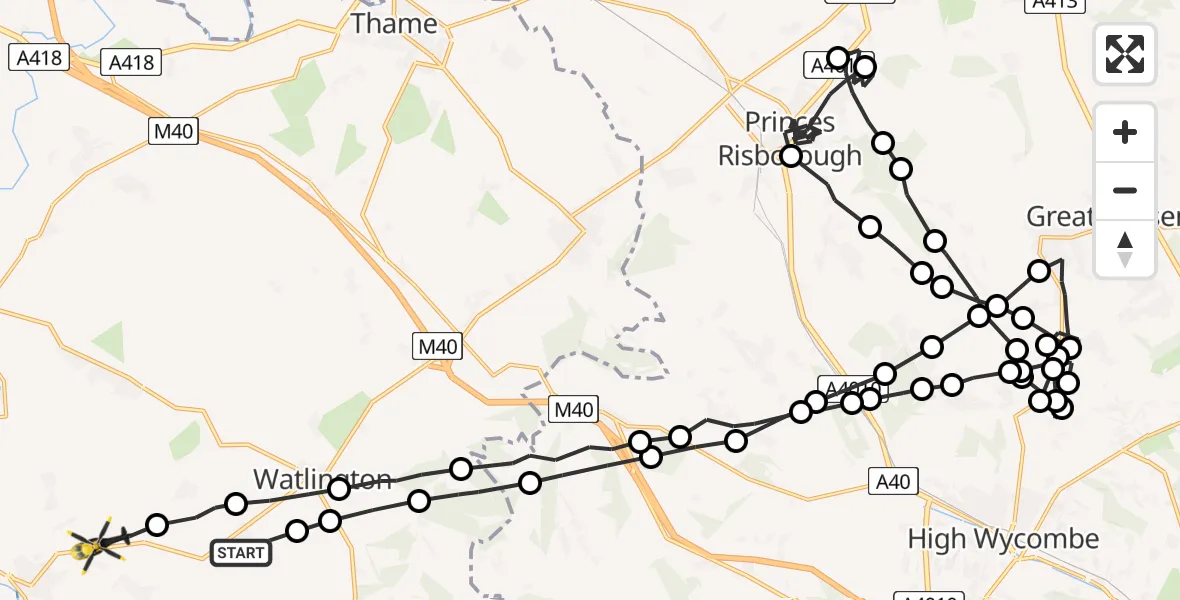 Flight path map showing Police Helicopter route from Cookley Green to Ewelme