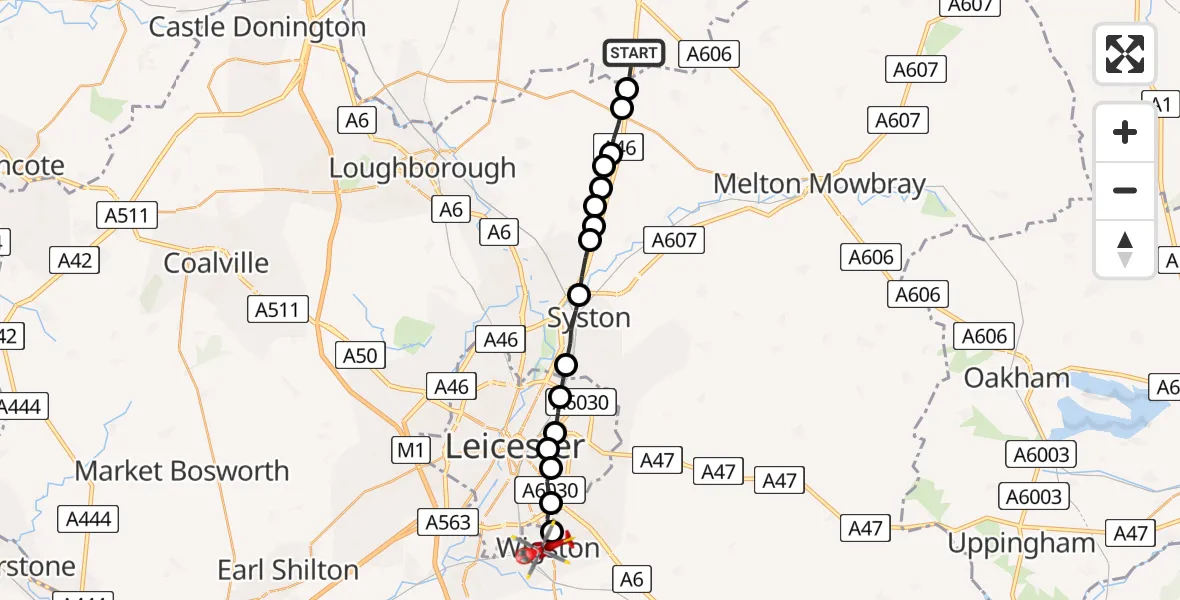 Flight path map showing Air Ambulance Helicopter route from Willoughby on the Wolds to Wigston