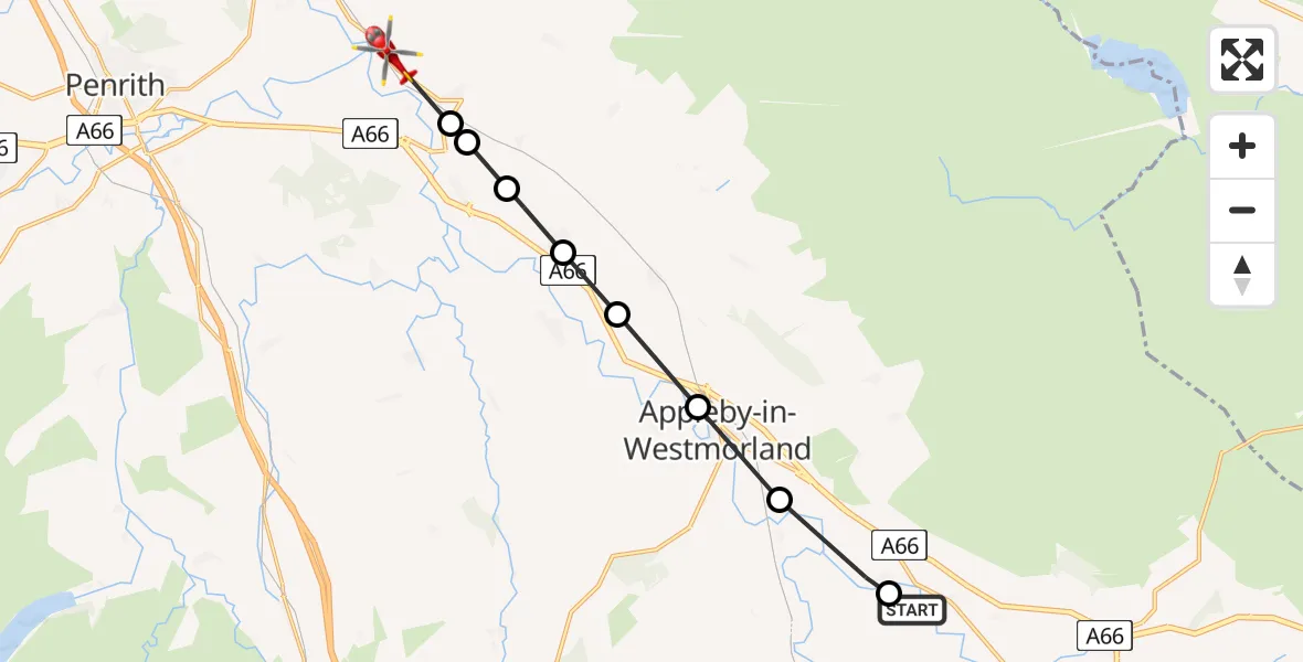 Flight path map showing Air Ambulance Helicopter route from Warcop to Culgaith