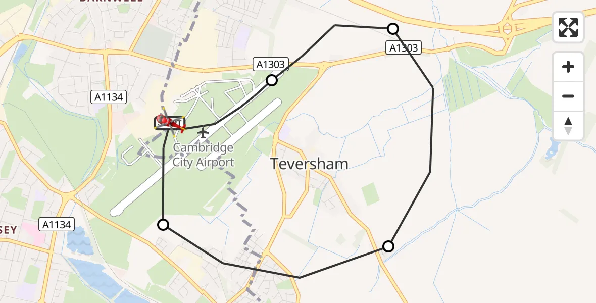 Flight path map showing Air Ambulance Helicopter route from Cambridge City Airport to Cambridge City Airport
