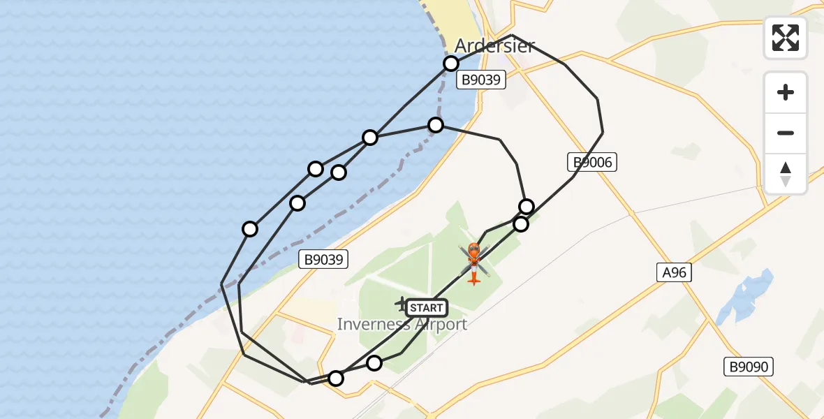 Flight path map showing Coastguard Helicopter route from Inverness Airport to Inverness Airport