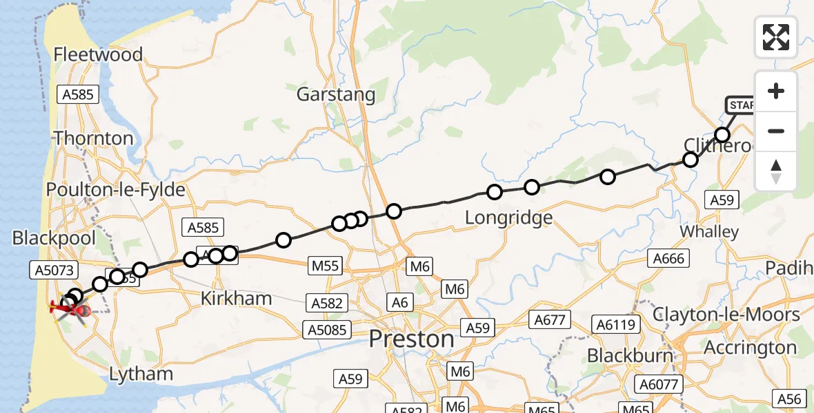 Flight path map showing Air Ambulance Helicopter route from Grindleton to Blackpool Airport