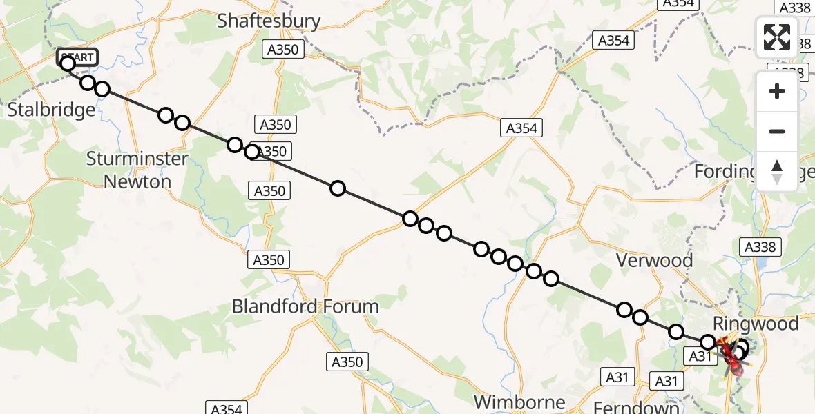 Flight path map showing Air Ambulance Helicopter route from Henstridge Airfield to St Ives