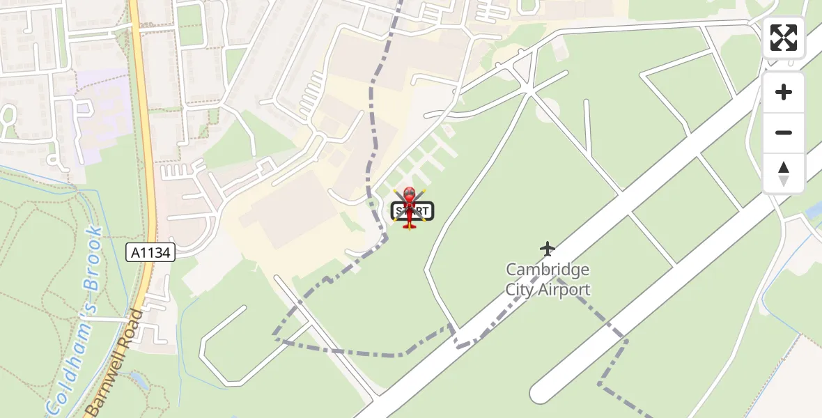 Flight path map showing Air Ambulance Helicopter route from Cambridge City Airport to Cambridge City Airport