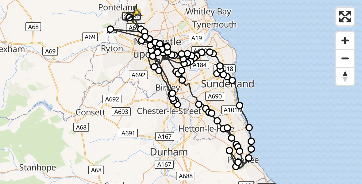 Flight path map showing Police Helicopter route from Newcastle International Airport to Newcastle International Airport