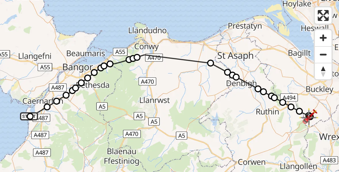Flight path map showing Air Ambulance Helicopter route from Caernarfon Airport to Llanfynydd