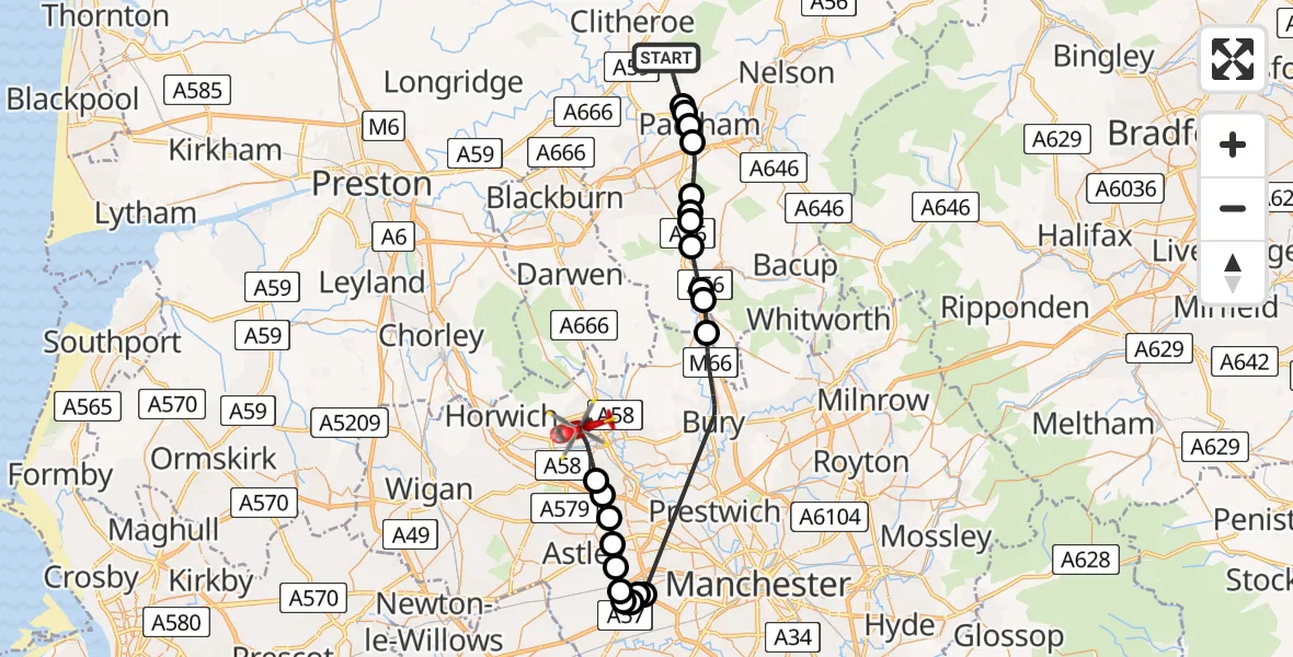 Flight path map showing Air Ambulance Helicopter route from Sabden to Bolton