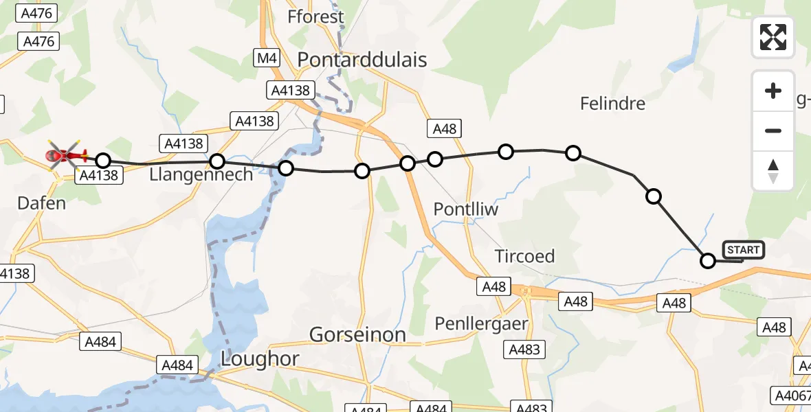 Flight path map showing Air Ambulance Helicopter route from Morriston Hospital Helipad to Dafen