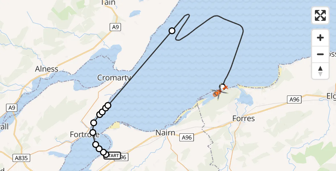 Flight path map showing Coastguard Helicopter route from Inverness Airport to Buckie Loch