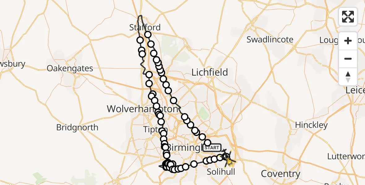 Flight path map showing Police Helicopter route from Stechford to Birmingham Airport