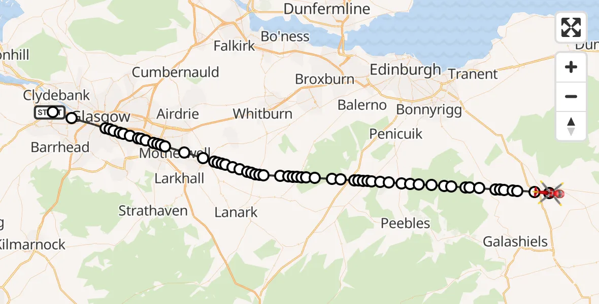 Flight path map showing Air Ambulance Helicopter route from Glasgow Airport to Boon Brae