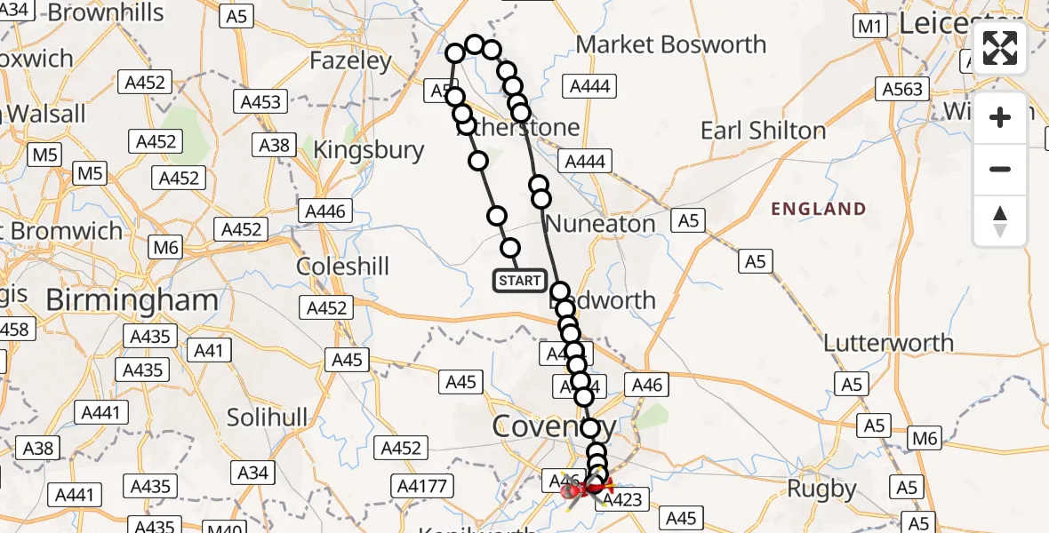 Flight path map showing Air Ambulance Helicopter route from North Warwickshire to Coventry Airport