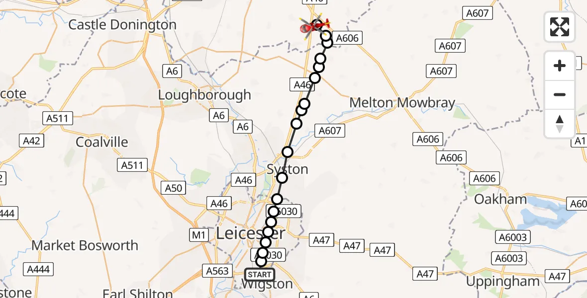 Flight path map showing Air Ambulance Helicopter route from Wigston to Nottingham Heliport