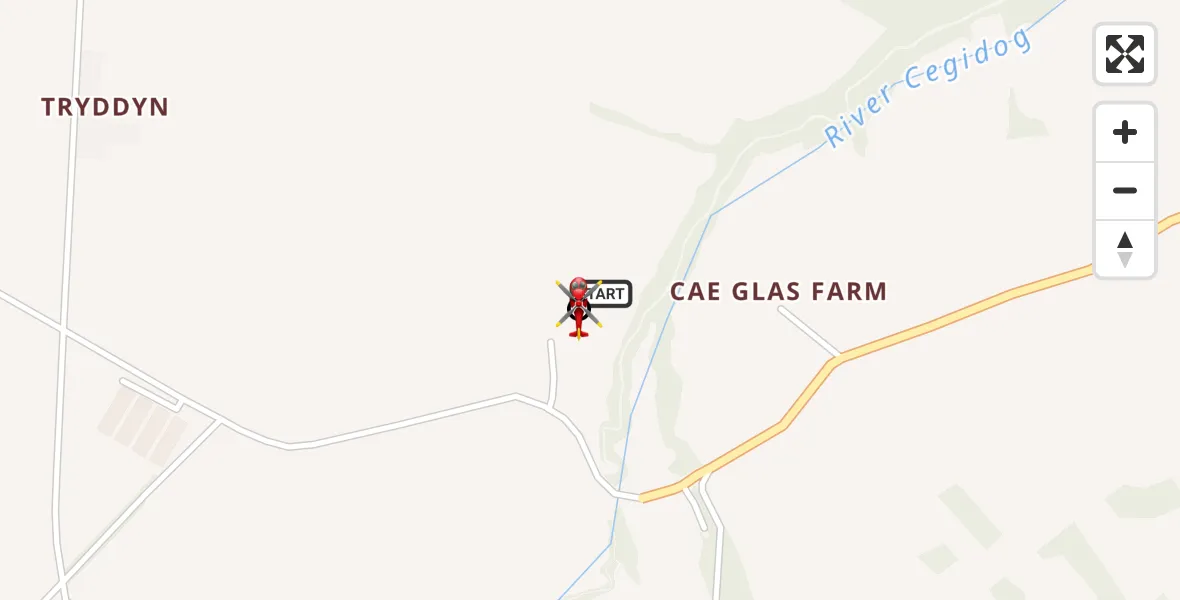Flight path map showing Air Ambulance Helicopter route from Treuddyn to Llanfynydd