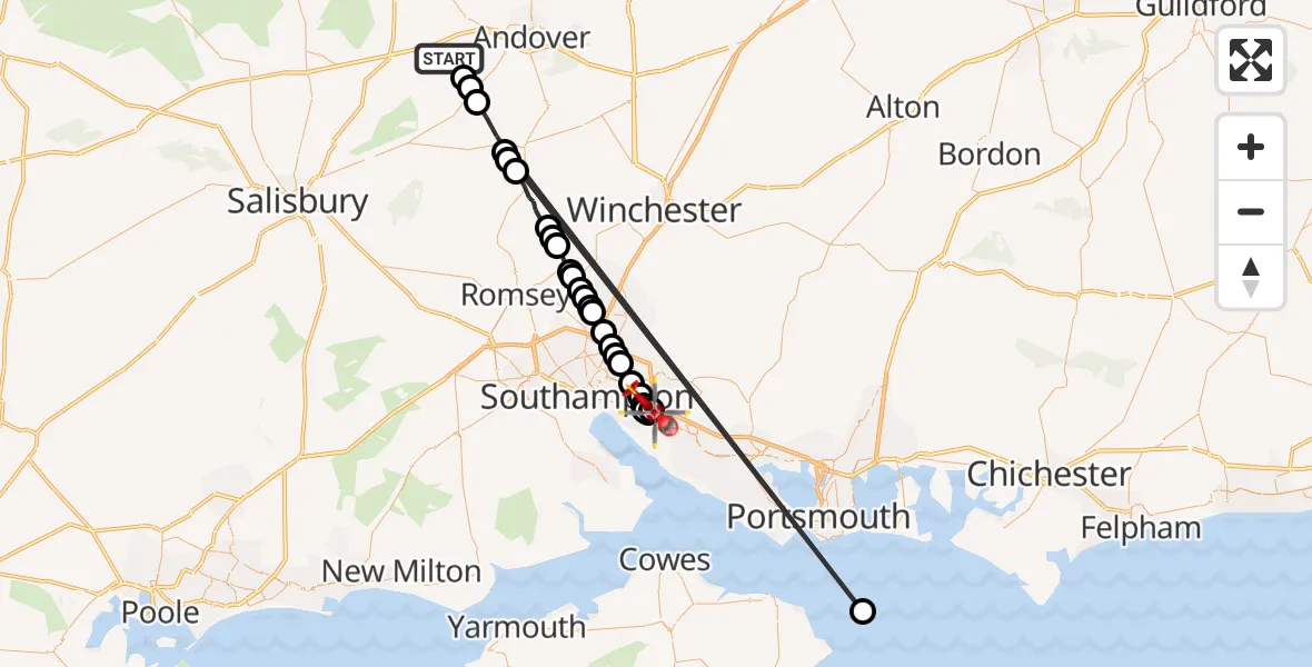 Flight path map showing Air Ambulance Helicopter route from Amport to Eastleigh