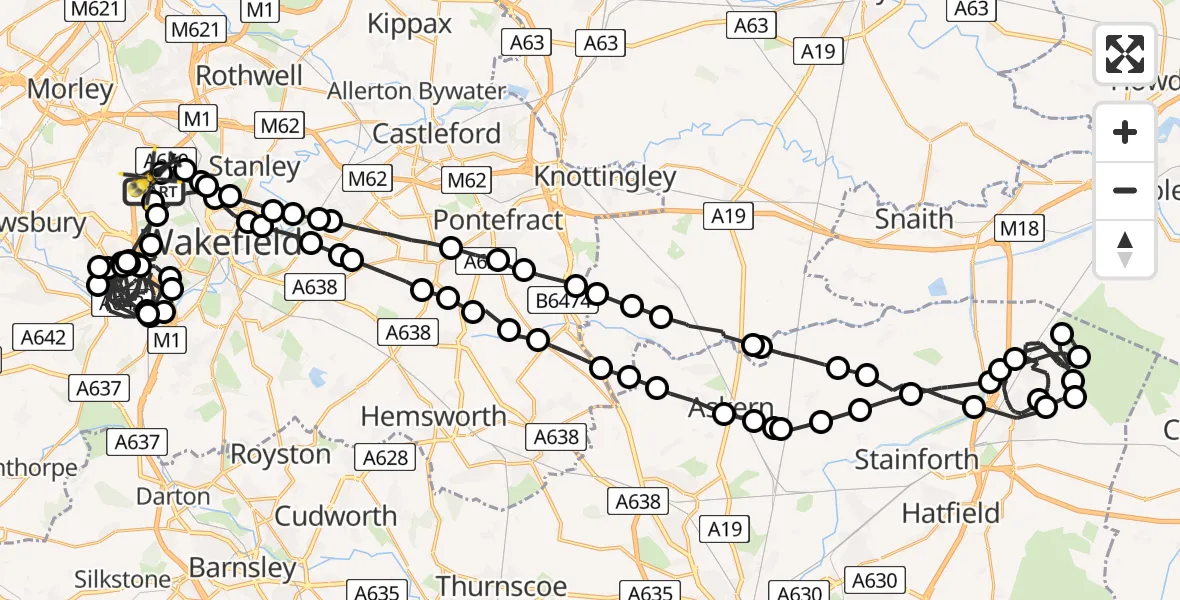Flight path map showing Police Helicopter route from Wrenthorpe to Wrenthorpe