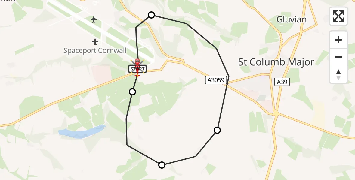Flight path map showing Air Ambulance Helicopter route from Cornwall Airport Newquay to Cornwall Airport Newquay