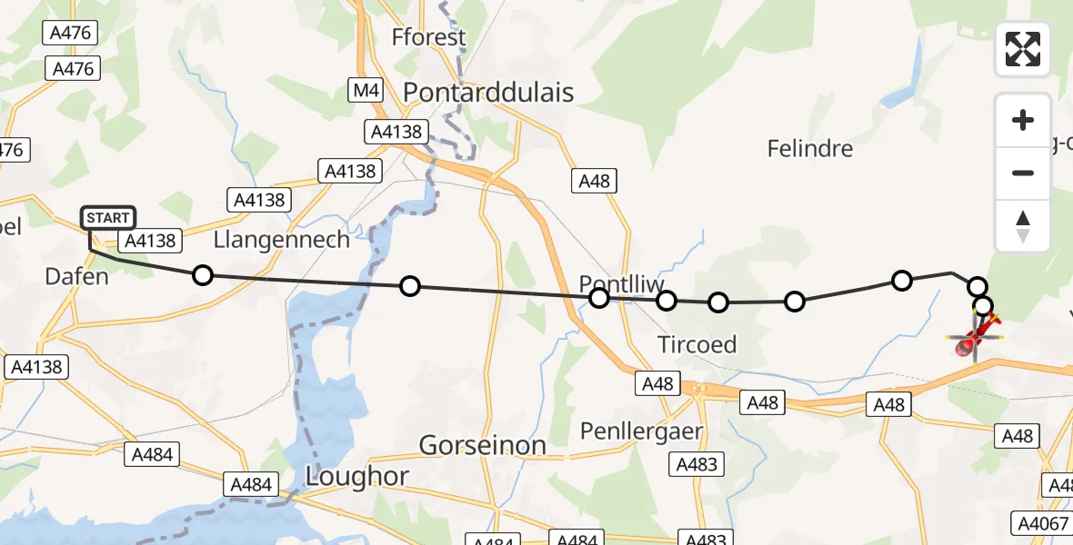 Flight path map showing Air Ambulance Helicopter route from Dafen to Morriston Hospital Helipad