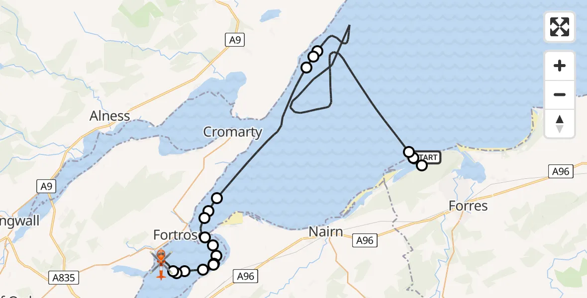 Flight path map showing Coastguard Helicopter route from Buckie Loch to Avoch