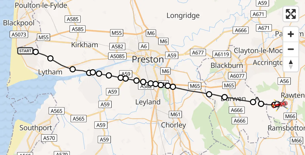 Flight path map showing Air Ambulance Helicopter route from Blackpool Airport to Helmshore