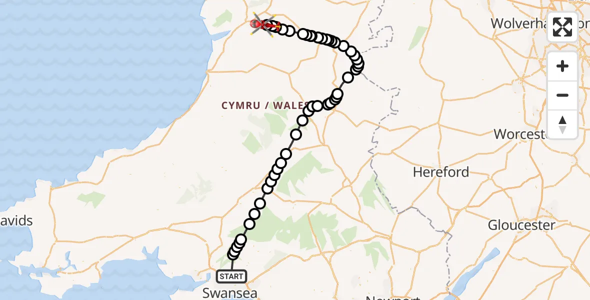 Flight path map showing Air Ambulance Helicopter route from Morriston Hospital Helipad to Cadfarch