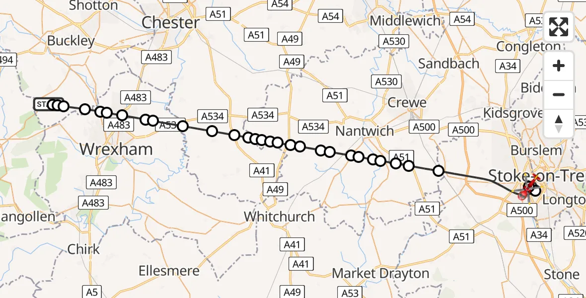 Flight path map showing Air Ambulance Helicopter route from Treuddyn to University Hospital North Staffs