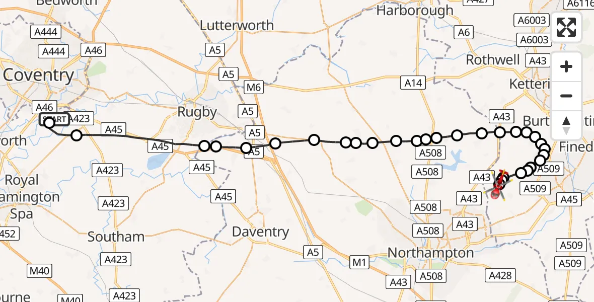 Flight path map showing Air Ambulance Helicopter route from Coventry Airport to Sywell Aerodrome