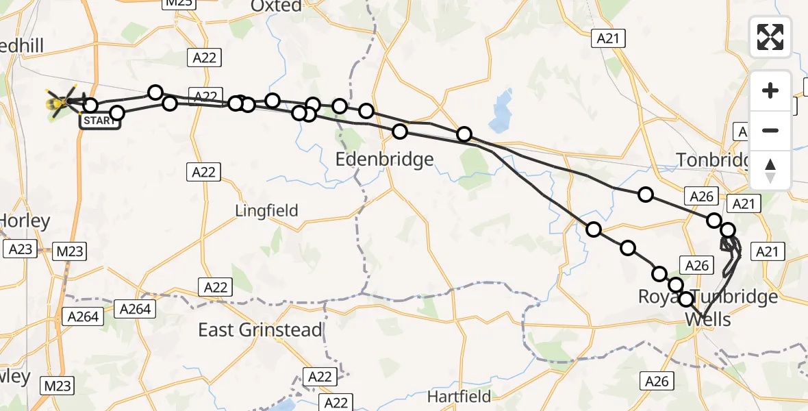 Flight path map showing Police Helicopter route from South Nutfield to Tandridge
