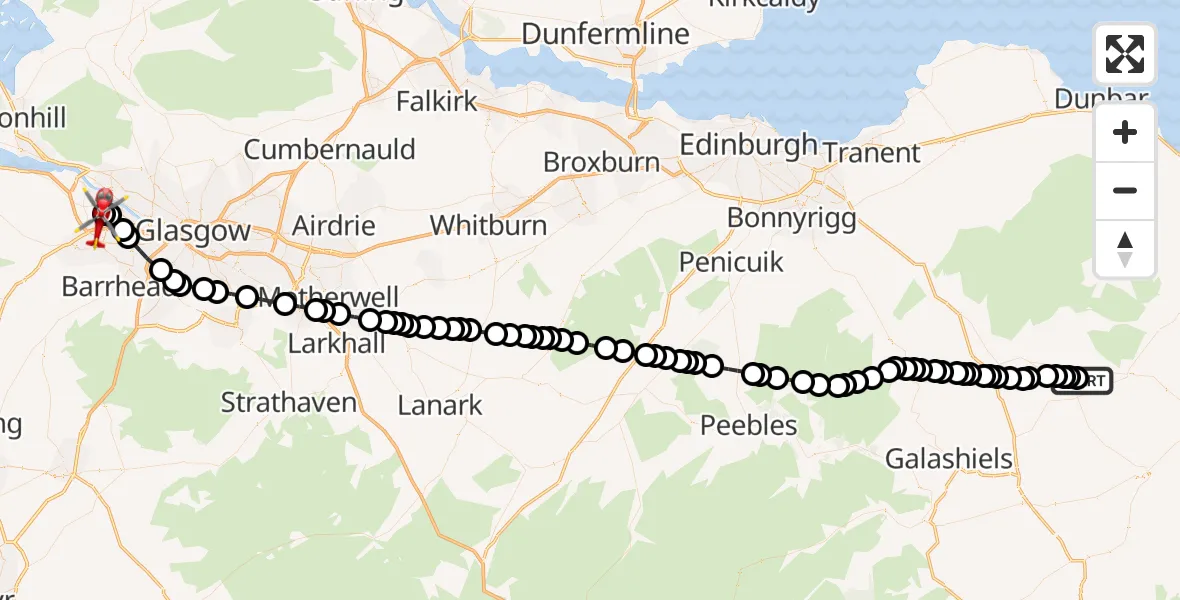 Flight path map showing Air Ambulance Helicopter route from Mack's Mill to Glasgow Airport