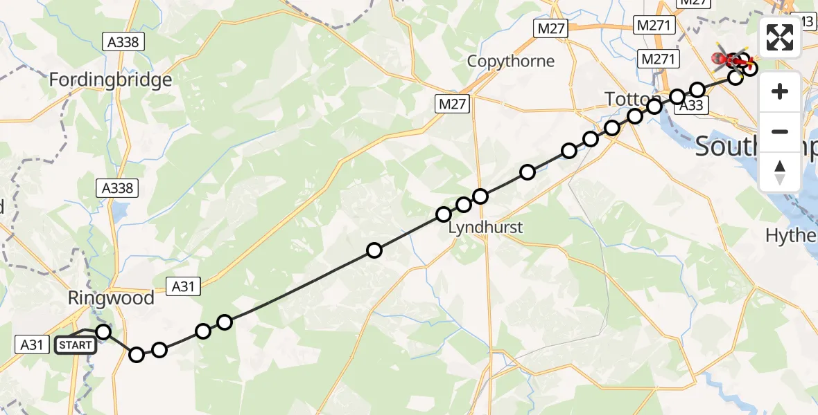 Routekaart van de vlucht: Air Ambulance Helicopter to University Hospital Southampton