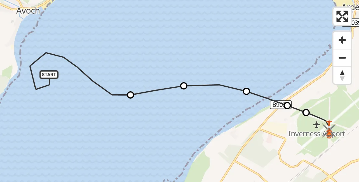 Flight path map showing Coastguard Helicopter route from Avoch to Inverness Airport
